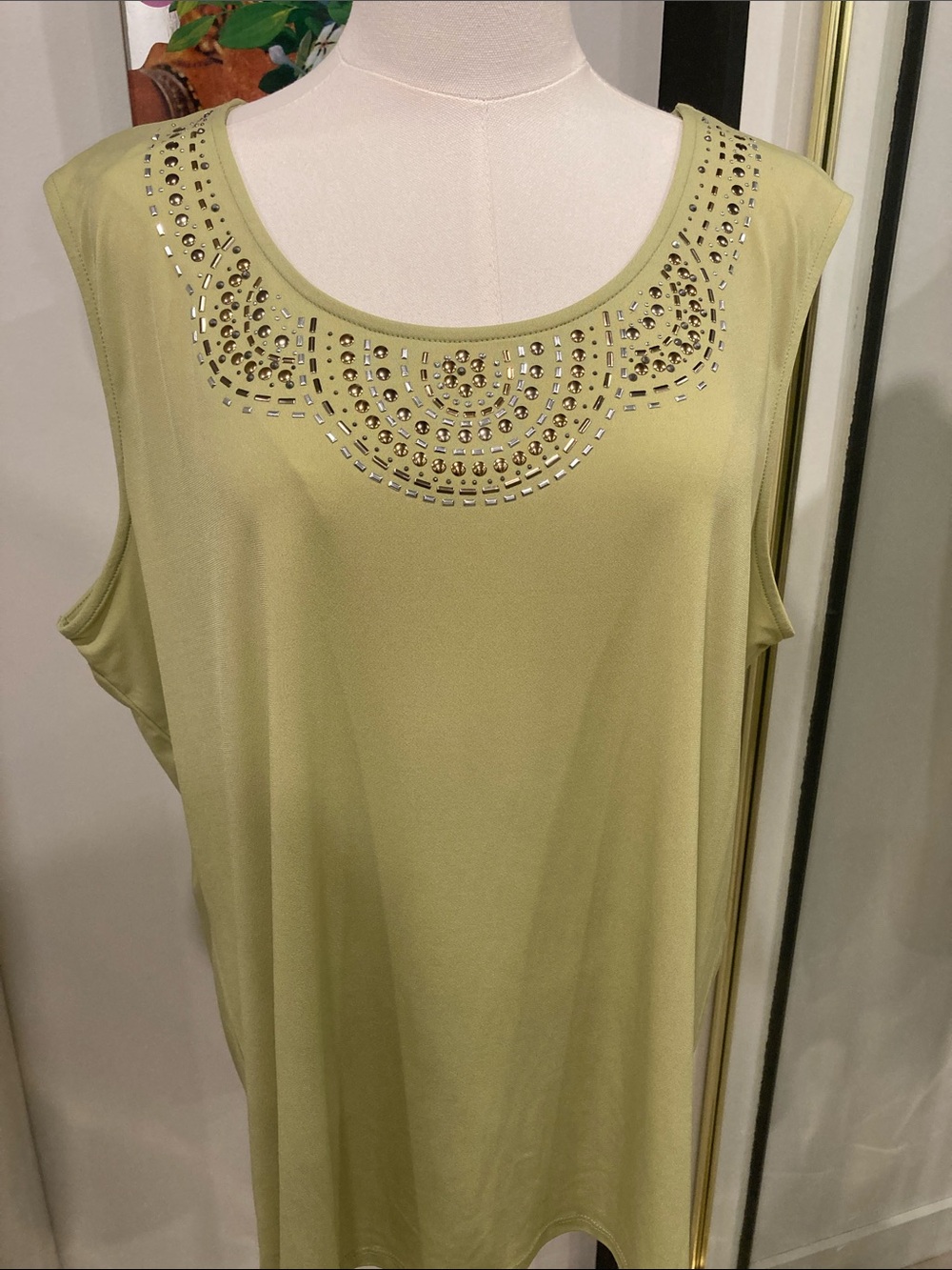Olive Green Rhinestone Sleeveless Tank with Gold Silver Bronze Embellishments